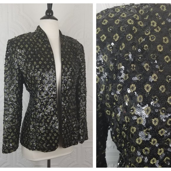 Black Sequin Beaded Evening Jacket Sequin Cocktail Blazer Gold Flower Accents S - Picture 1 of 9